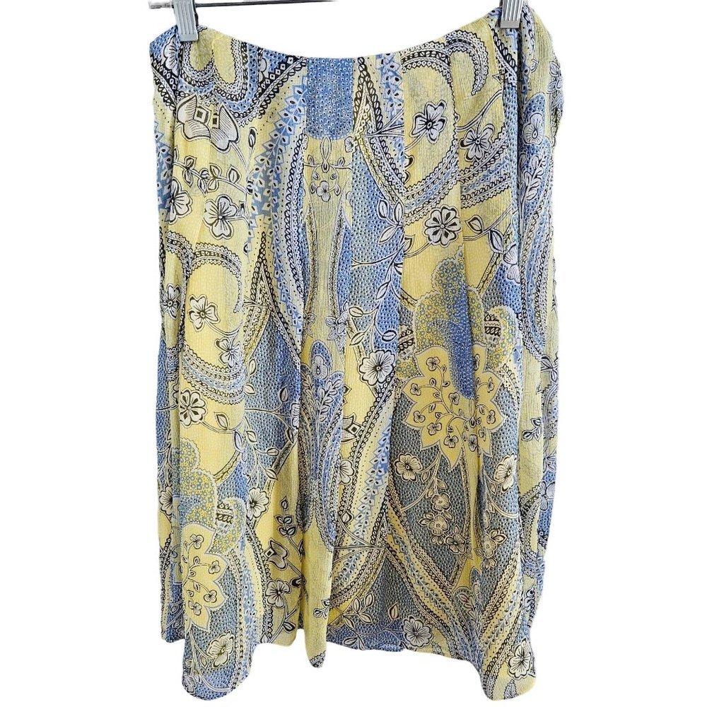 AK Anne Klein Woman Size 8 Silk Skirt Floral Paisley Yellow & Blue Lined Pleats